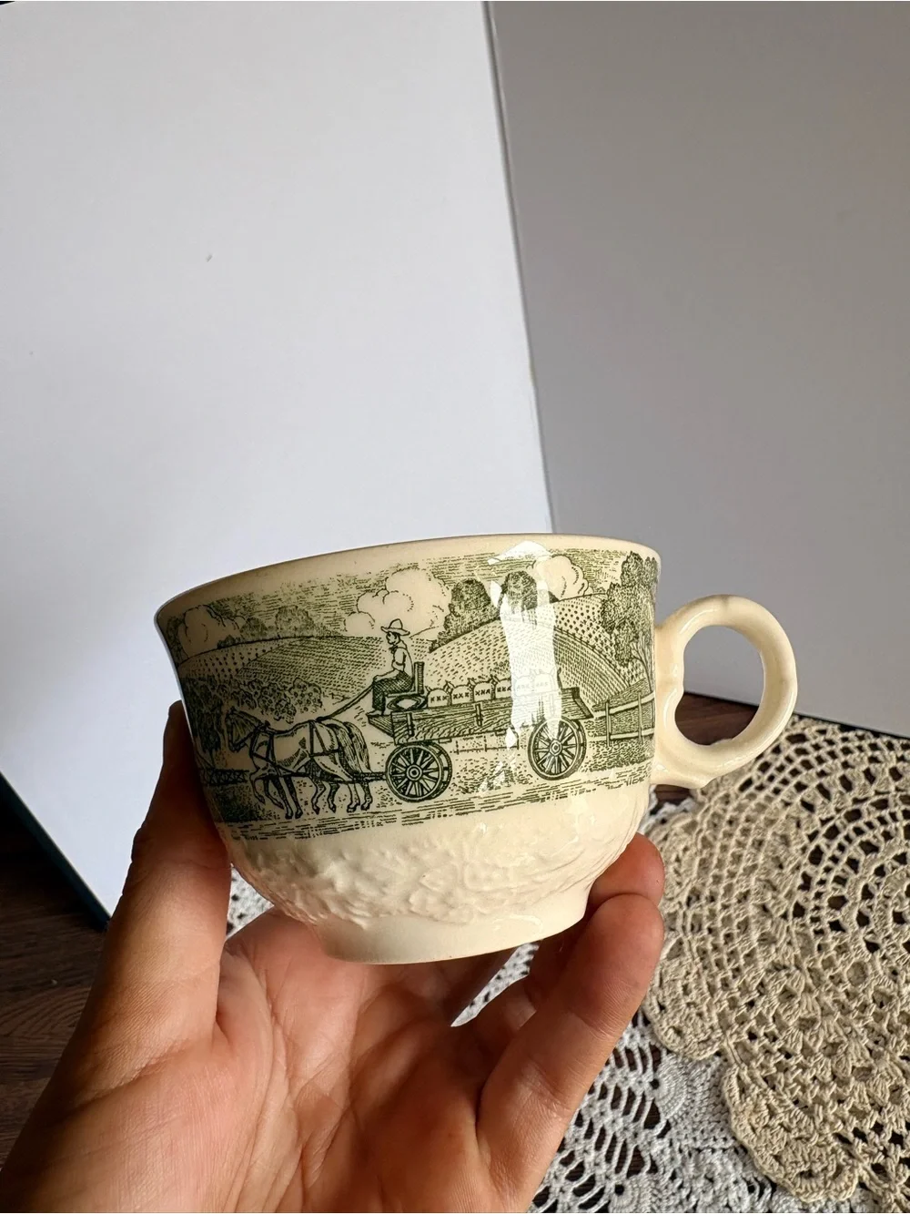 Vintage White Teacup with Green Country Themed Art